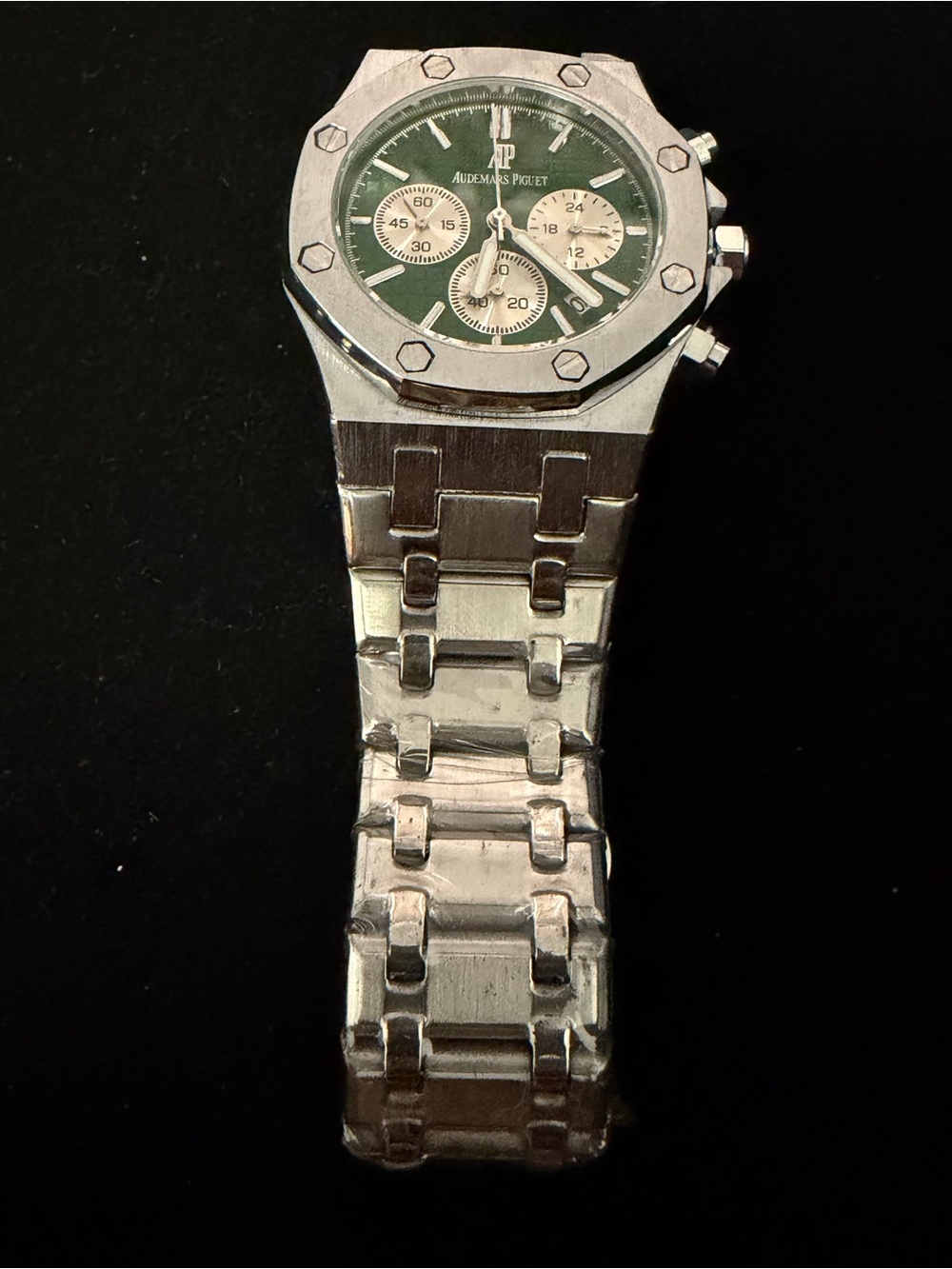 Audemars Piguet Stainless Steel Watch with Green Dial and Silver Subdials